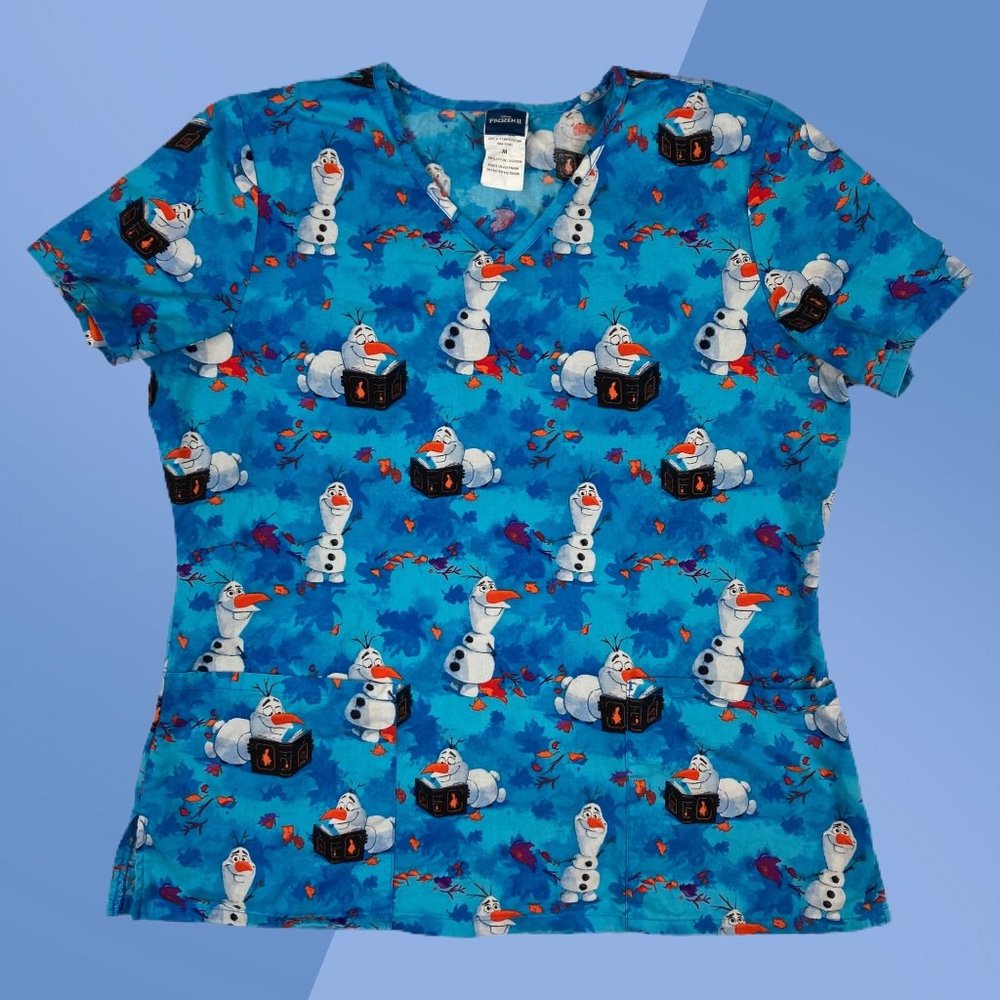 Disney Frozen 2 Blue All Over Print Olaf Autumn S/S Scrubs Top Women’s M